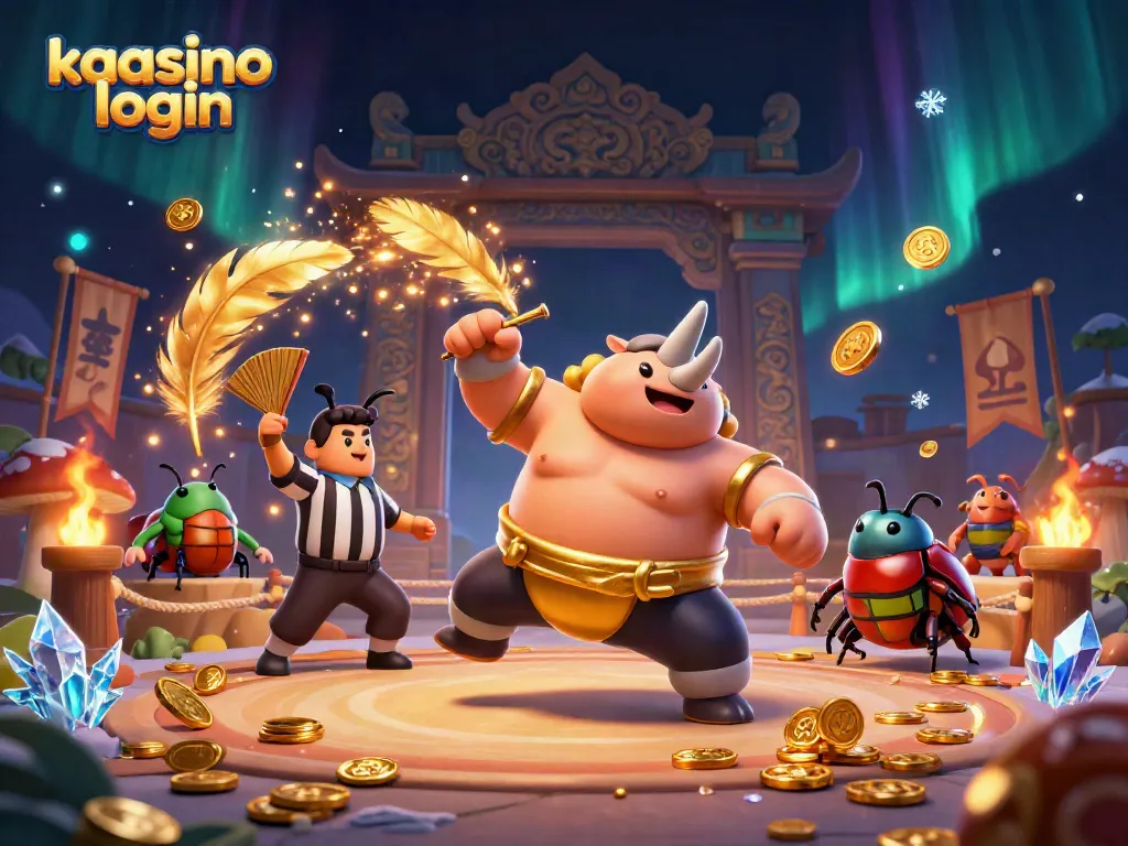 Experience the thrilling kaasino login with animated characters in a rich casino environment, featuring a powerful beetle champion.
