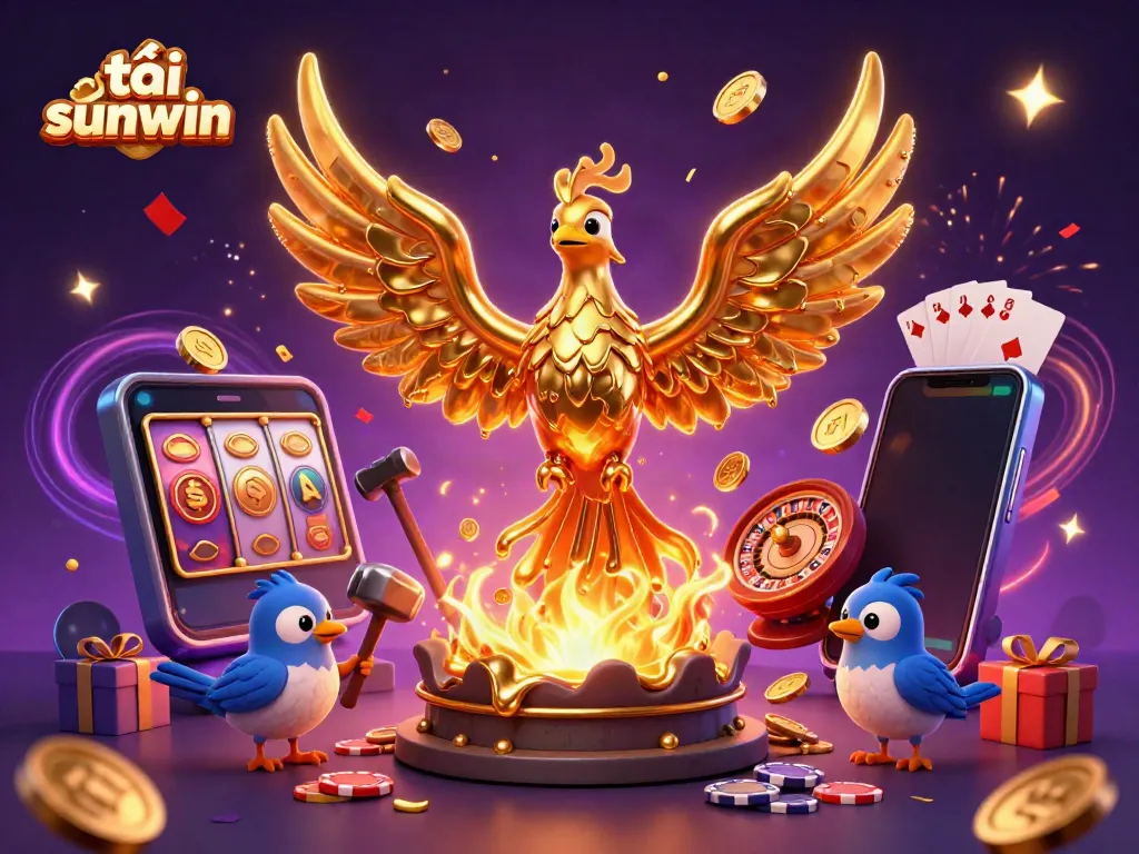 Experience the excitement of tải sunwin as gold coins erupt from a smartphone displaying vibrant slot games in this dynamic illustration.