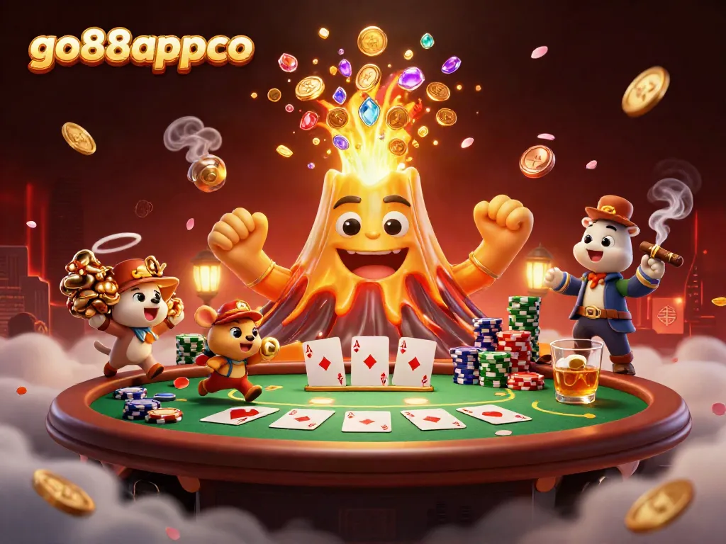 Experience the thrill of go88appco with a dynamic scene of a golden volcano, treasure, and vibrant casino elements.