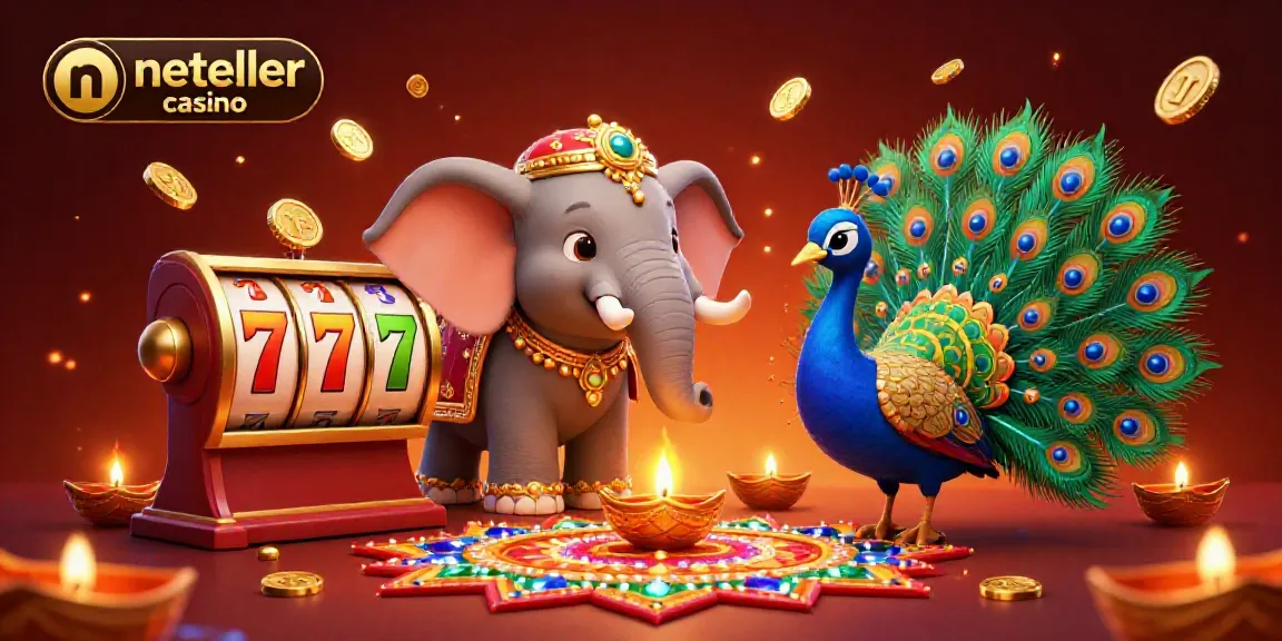 Experience the vibrant energy of a neteller casino with a festive elephant and peacock illustration.