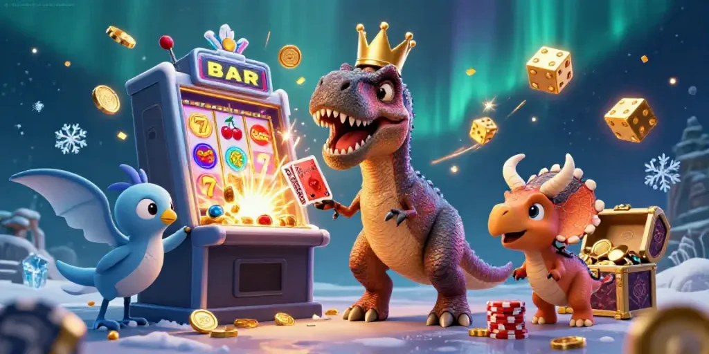 Kết quả bóng đá - kqbd keonhacai scene featuring a T-Rex, a pterodactyl, and a triceratops with a slot machine explosion.