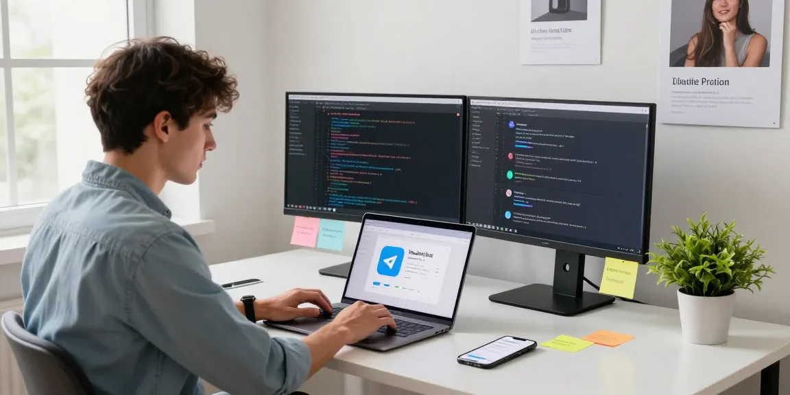 Download Telegram on modern workspace with laptop and digital tools.