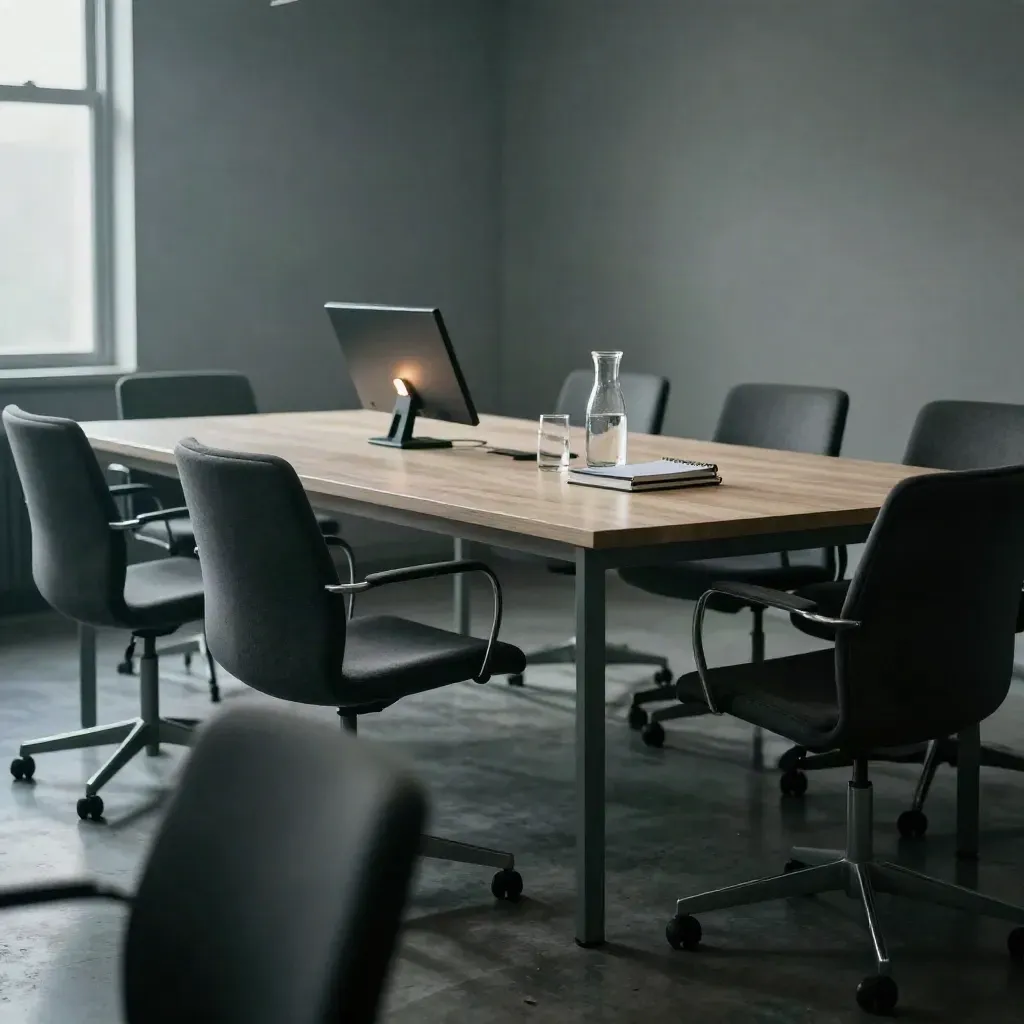 Lege vergaderzaal na afloop met stoelen, karaf, notitieboekjes en een wegdraaiend scherm.