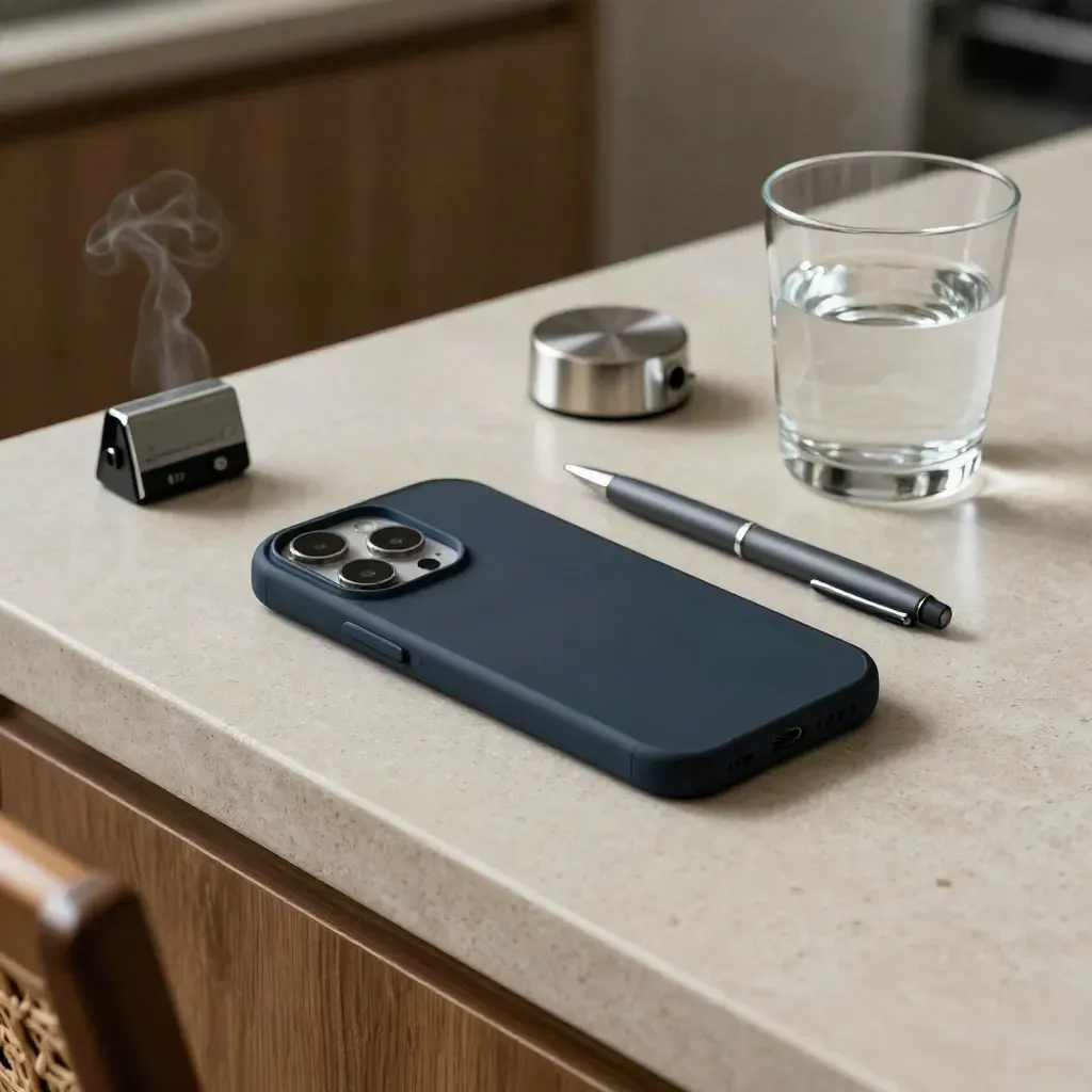 Top-down van telefoon, timer, glas water en stoel bij een keukenblad