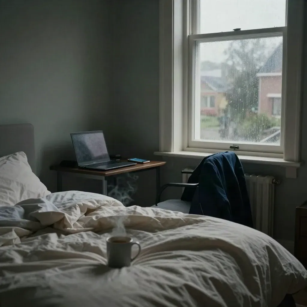 Donkere thuiskantoorhoek met laptop, telefoon, mok, beddengoed en regenlicht in de ochtend.