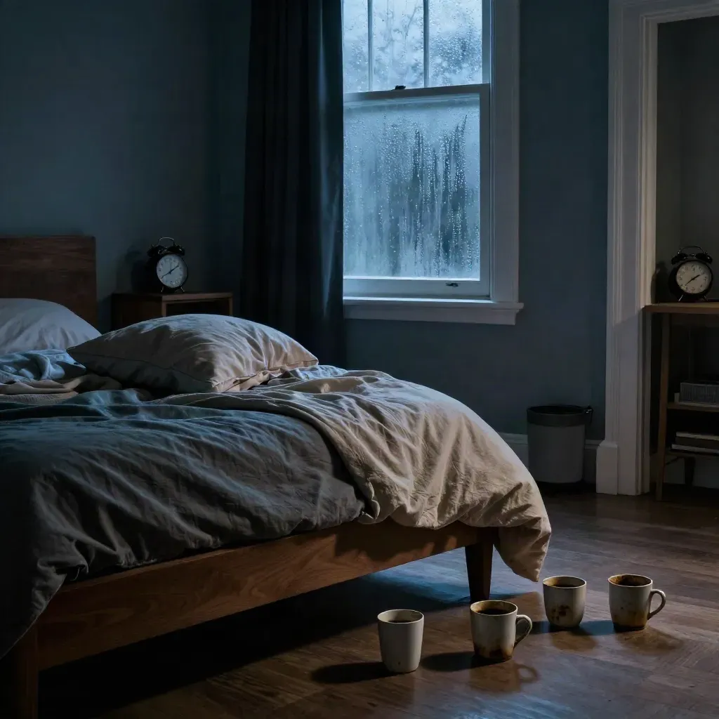 Slaapkamer voor zonsopgang met gekreukt kussen, drie mokken en een omgedraaide wekker.