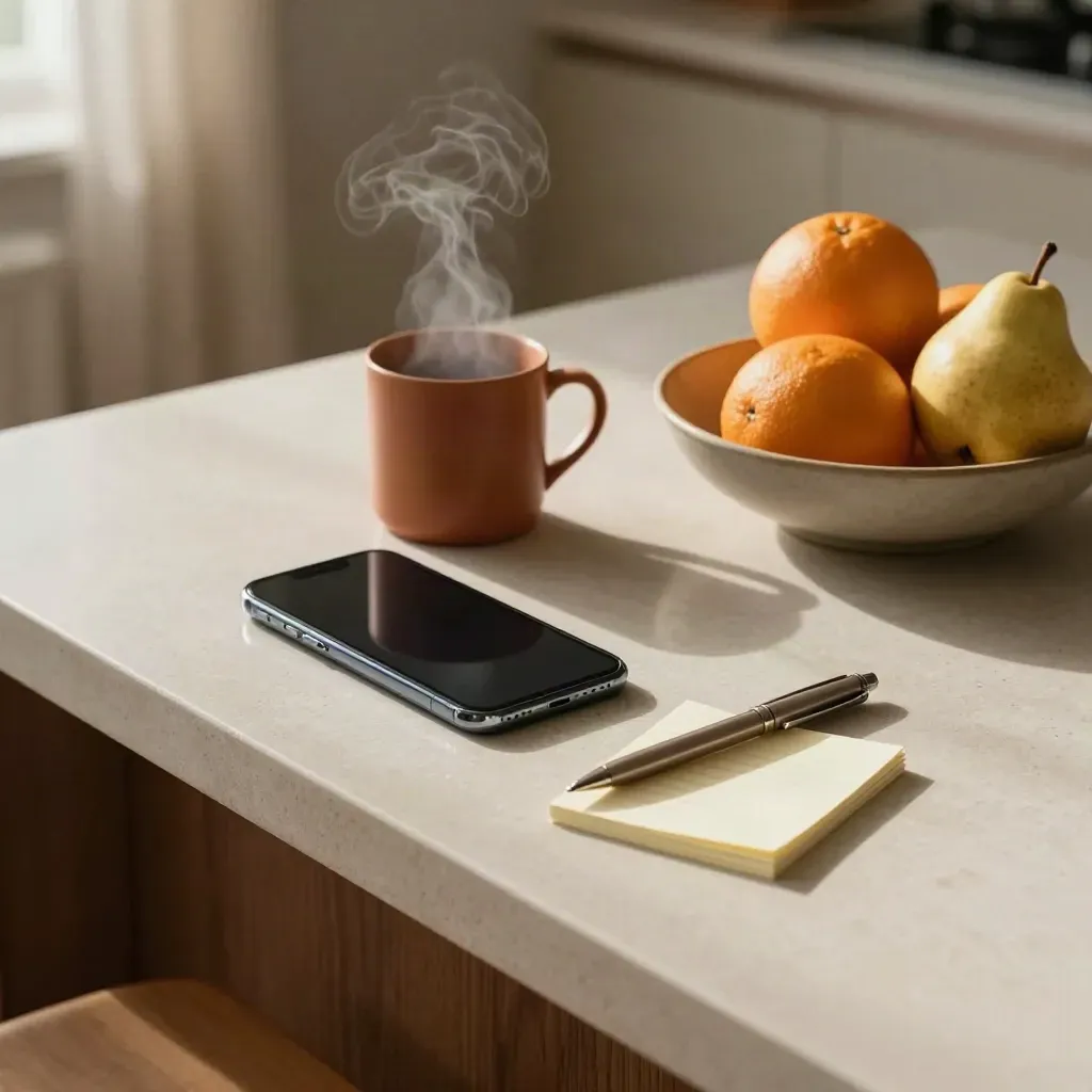 Top-down keukenblad met smartphone, mok, fruit, pen en kaartjes in ochtendlicht.