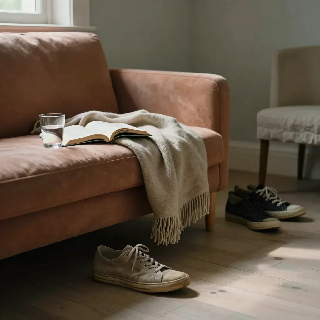 Laag shot van sneaker, open boek, wollen plaid en waterglas in warm avondlicht.