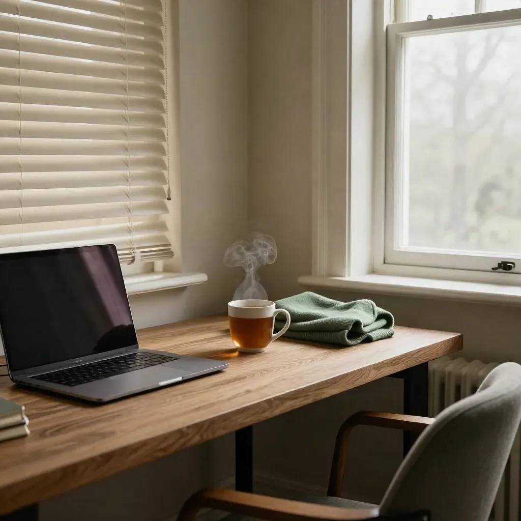 Thuiskantoor met gesloten laptop, afkoelende thee, halfdicht rolgordijn en trui op de stoel.