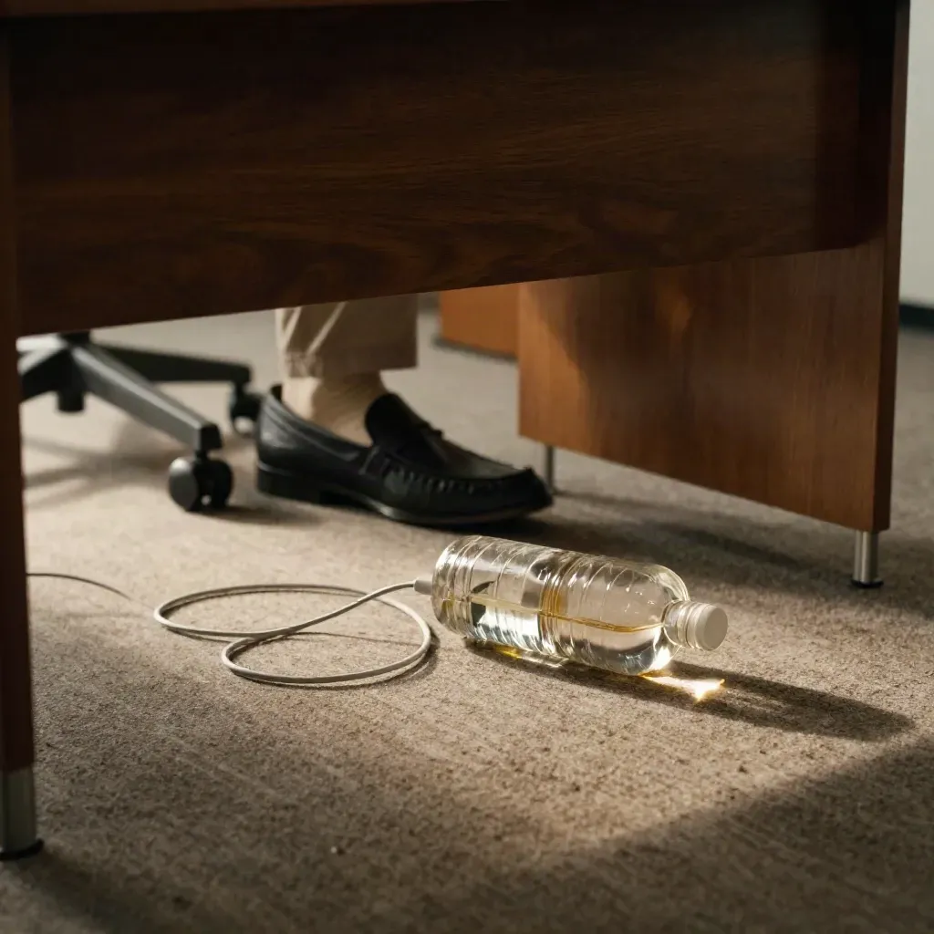 Onder bureau een omgevallen fles, kabel en schoenen naast een bureaustoel in warm avondlicht.