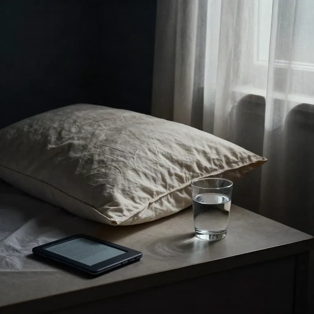 Slaapkamerhoek met pillow, e-reader en waterglas in nachtelijk blauw licht.