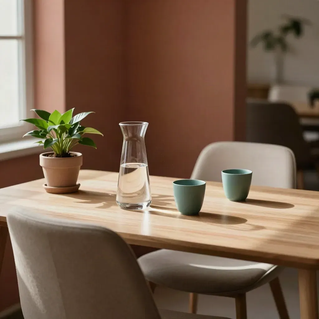 Vergadertafel met twee stoelen, karaf, kopjes en plant in zacht daglicht.