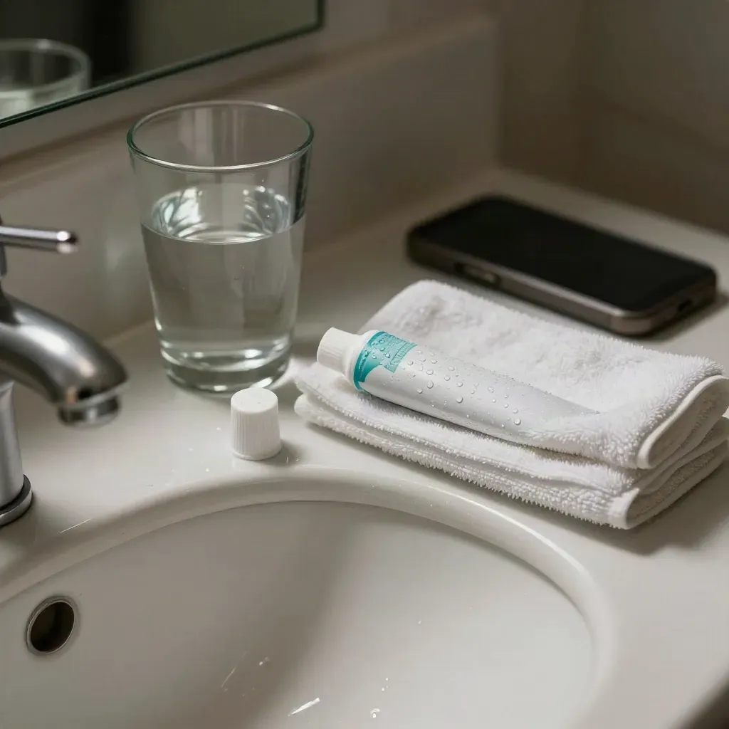 Badkamerwasbak met tandpastadop, handdoek, waterglas en telefoon naast beslagen spiegelrand.