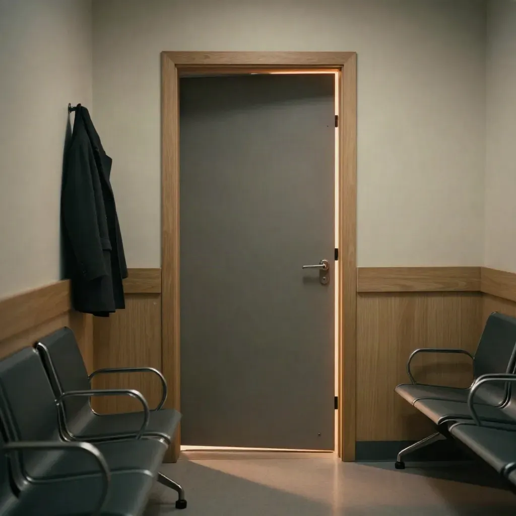 Stille gang naar een gesloten gesprekskamer met stoel en jas, in warm schemerlicht.