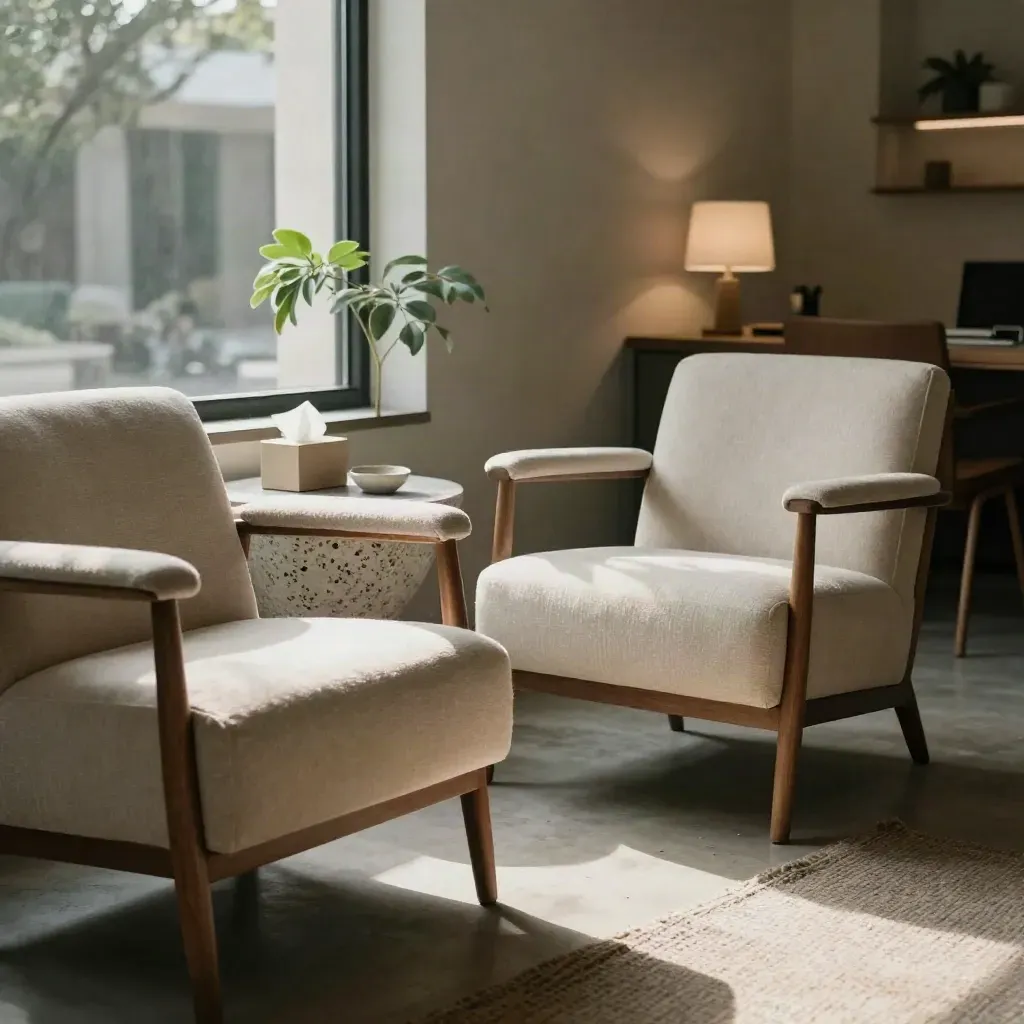 Rustige loungeruimte met twee lege fauteuils, tafeltje, tissuebox en plant bij het raam.