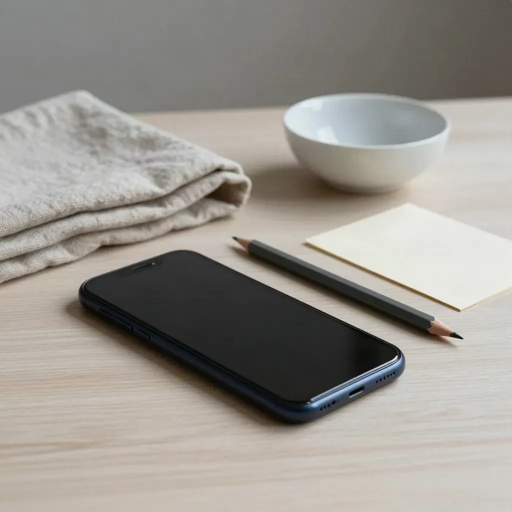 Stilleven van telefoon, potlood, linnen doek en schaaltje op licht hout