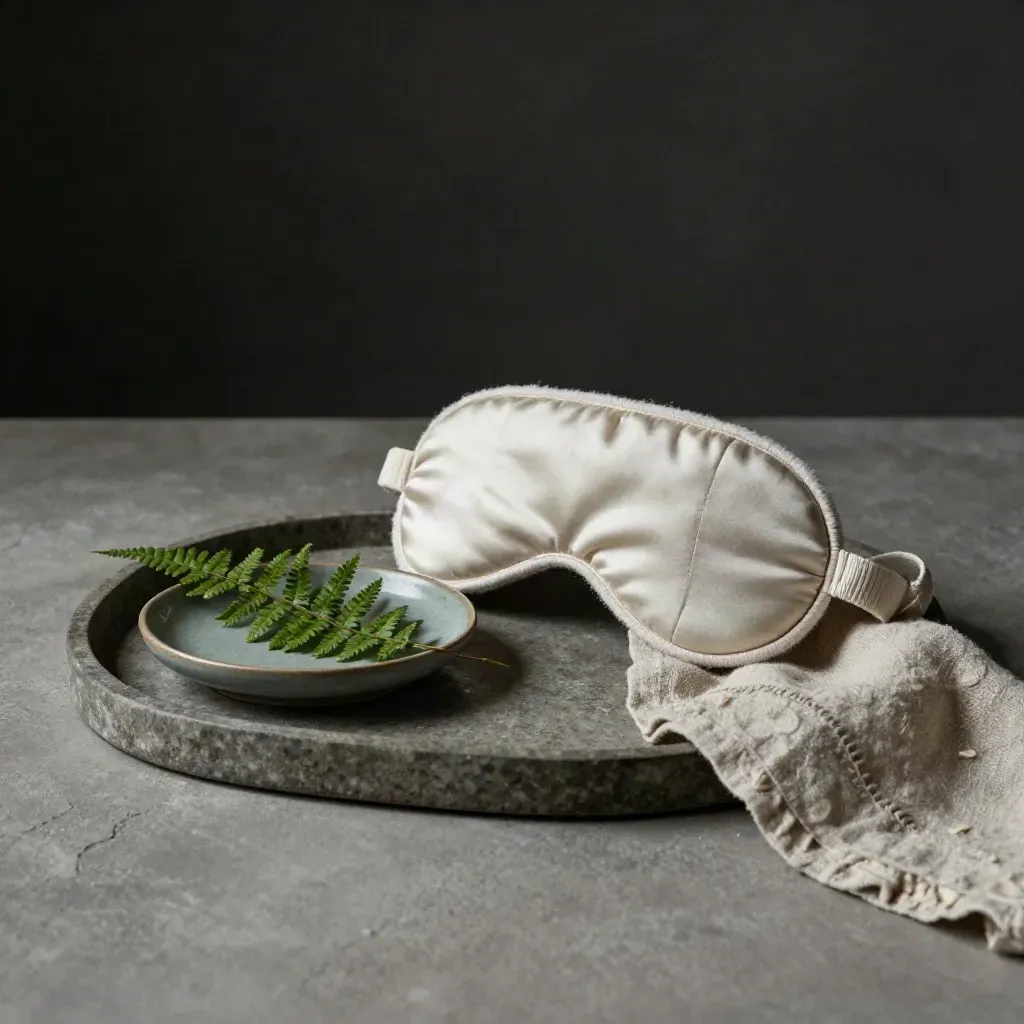 Pale slaapmasker, keramisch schaaltje en varenstekje op stenen tray in zacht licht.