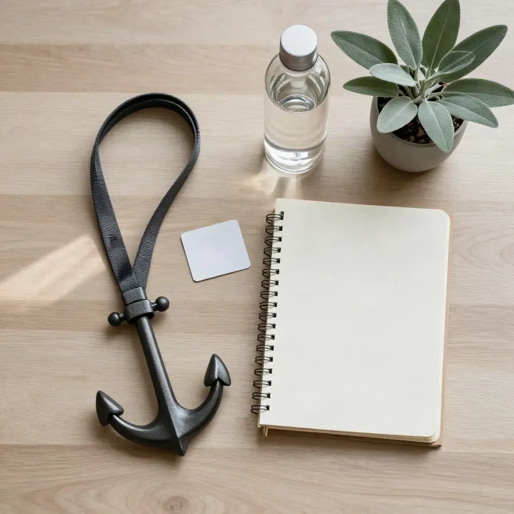 Coiled lanyard, notitieboek, waterfles en plantje op licht hout