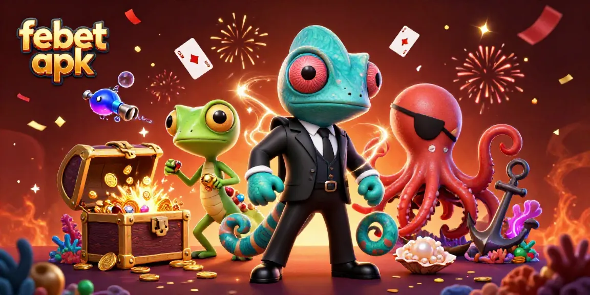 Engage in thrilling action with febet apk, featuring a secret agent chameleon and gecko amidst casino-themed elements.