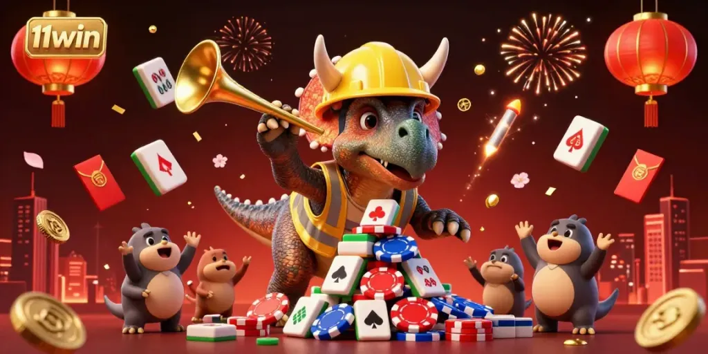 Experience the thrill of 11win's exciting gaming atmosphere through a vibrant 3D illustration.