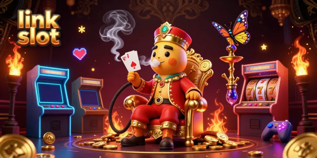 Witness the exciting link slot gaming world with a whimsical caterpillar master amid vibrant arcade machines and golden coins.