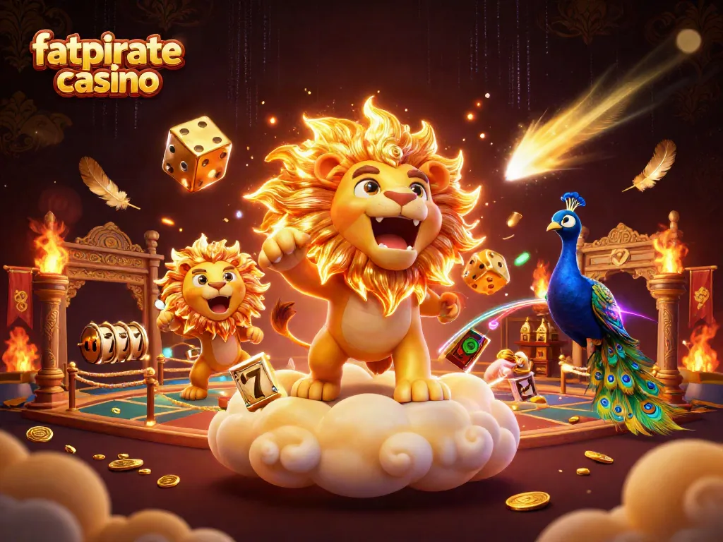 Experience excitement at fatpirate casino with a vibrant, dynamic scene full of 3D gambling elements.