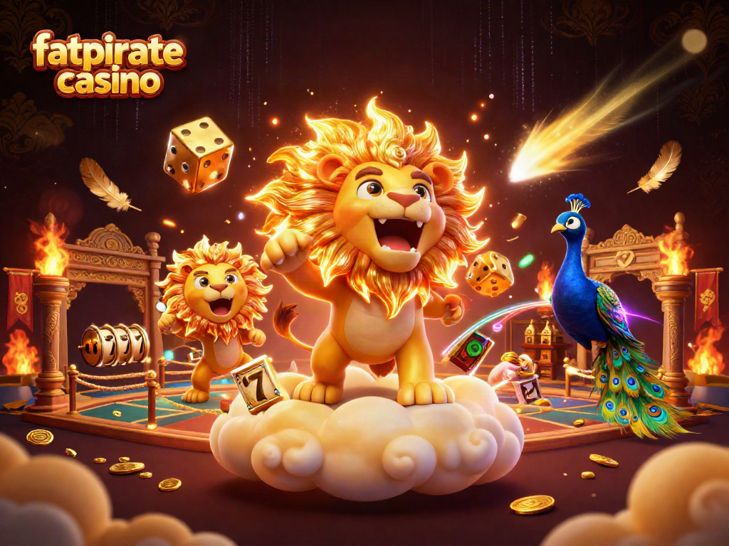 Experience excitement at fatpirate casino with a vibrant, dynamic scene full of 3D gambling elements.