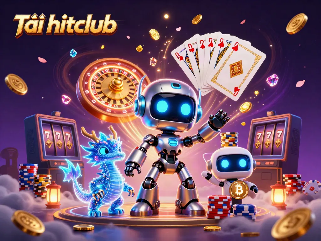 Experience the thrill of Tải hitclub as a vibrant cyberpunk robot and dragon explore a dynamic casino world.