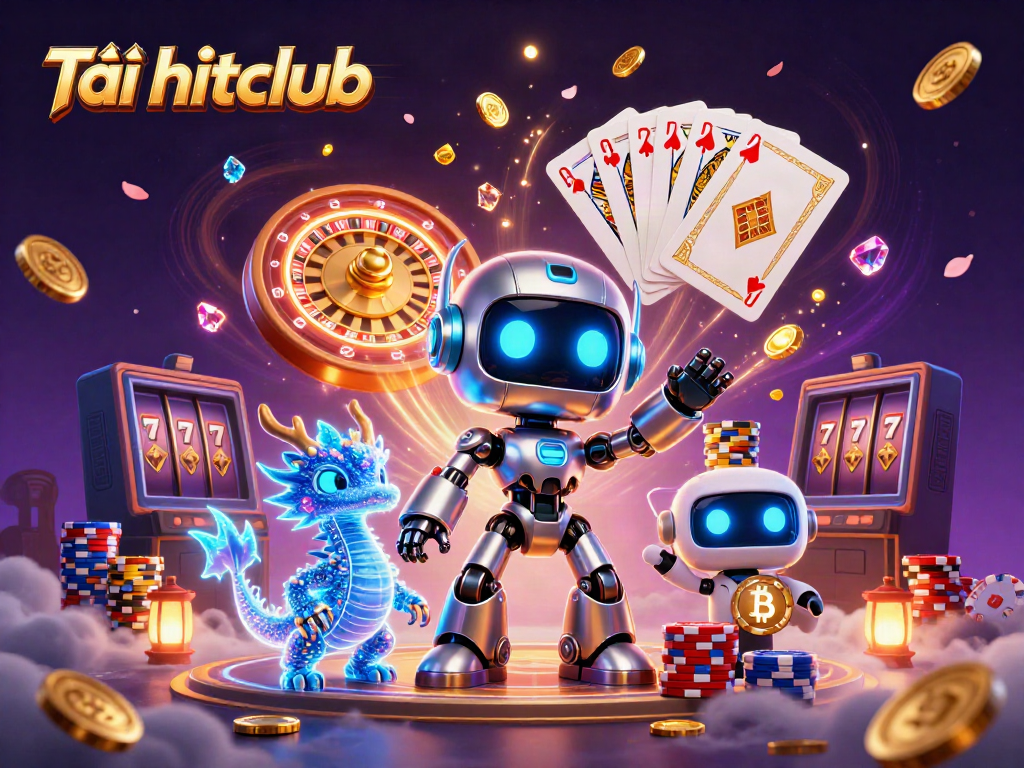 Experience the thrill of Tải hitclub as a vibrant cyberpunk robot and dragon explore a dynamic casino world.