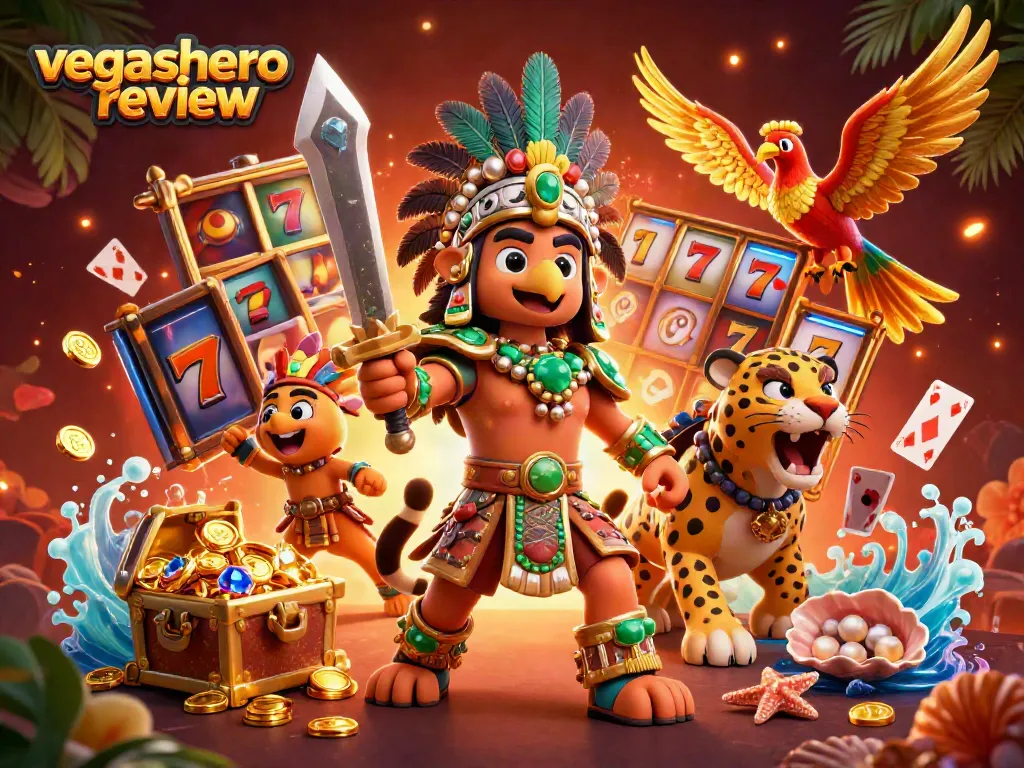 Experience winning strategies at VegasHero Review, vibrant 3D illustration of casino characters and games.