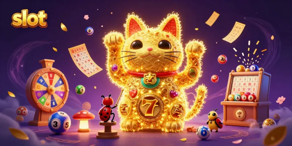 Experience thrilling slot action with dynamic casino symbols in this vibrant 3D illustration.