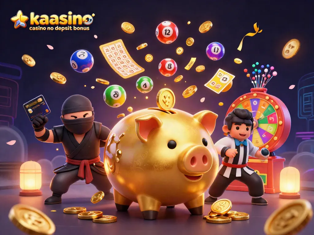 Kaasino casino no deposit bonus showcases a dynamic illustration with a golden piggy bank sumo wrestler and colorful gaming elements.