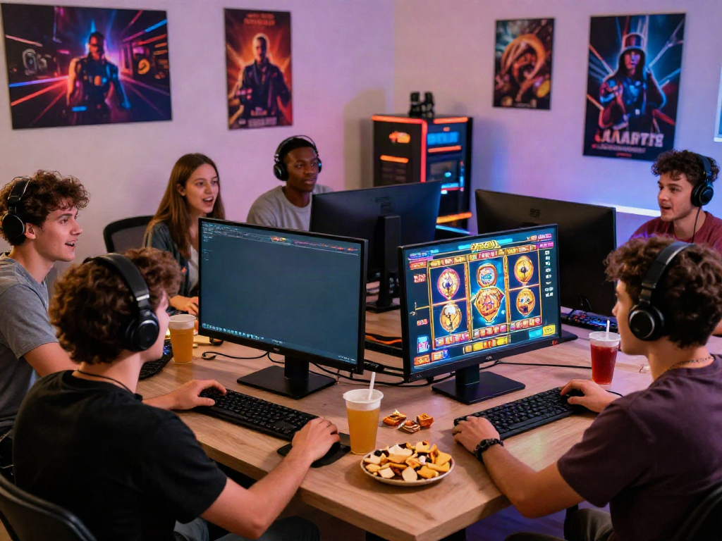 Friends enjoying online gaming at https://da88z.net/ with a live slot game and engaging atmosphere.