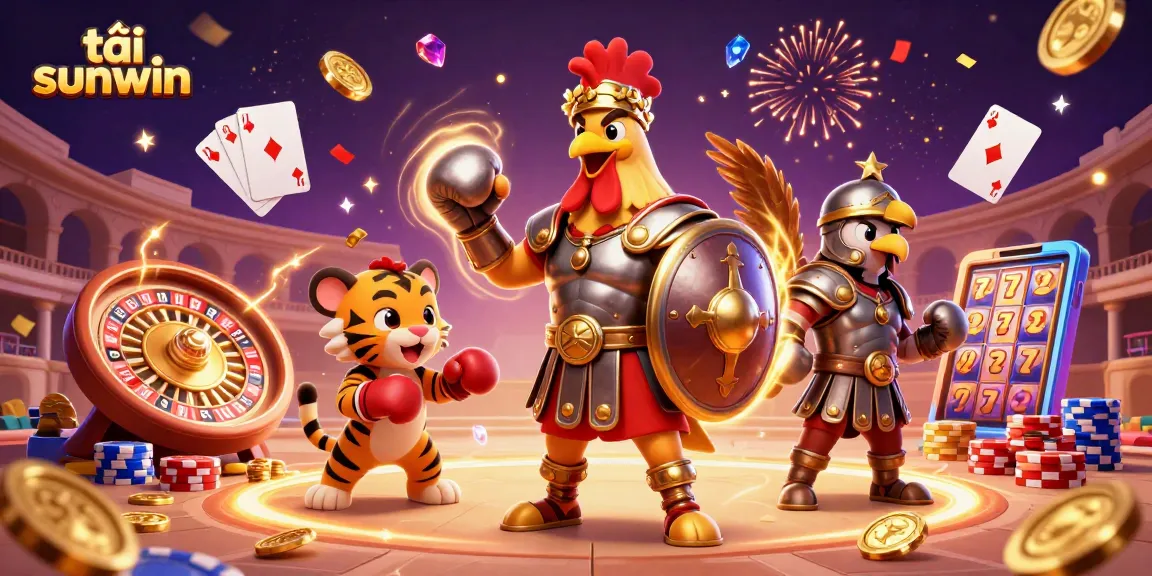Experience the thrills of tải sunwin with dynamic casino games surrounding a gladiator rooster and tiger cub.