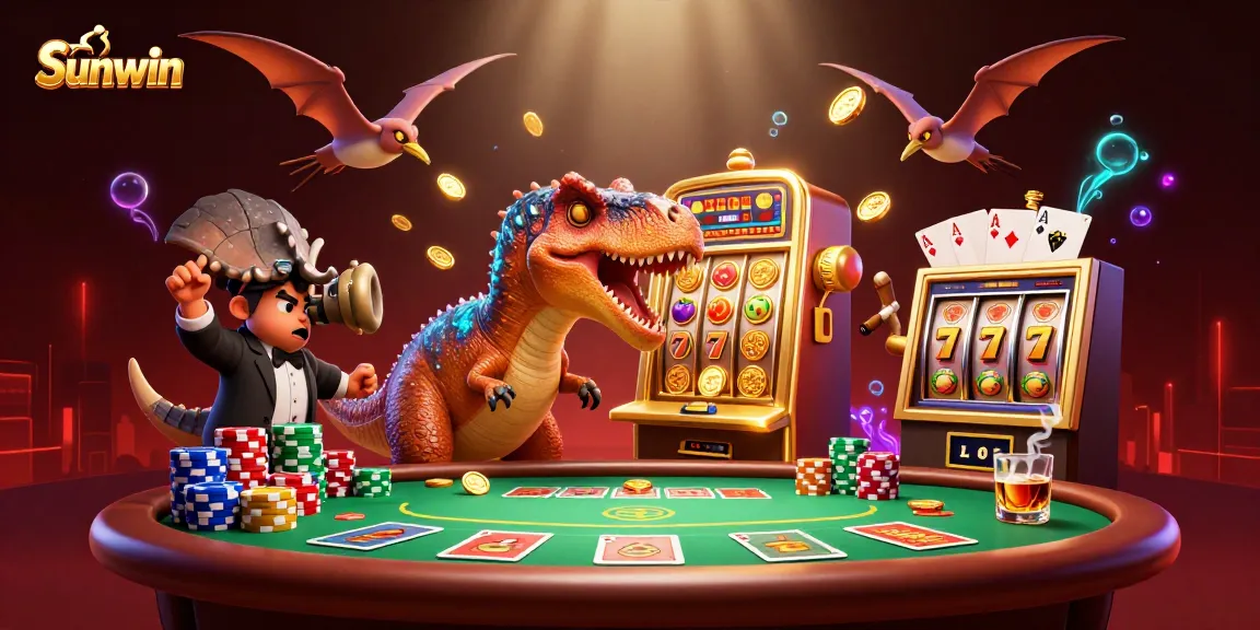 Sunwin features a pachycephalosaurus celebrating jackpot coins at a bustling casino scene.