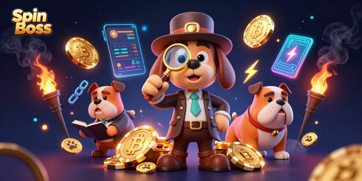Spin Boss detective discovering golden poker chips and crypto coins in a vibrant casino scene.
