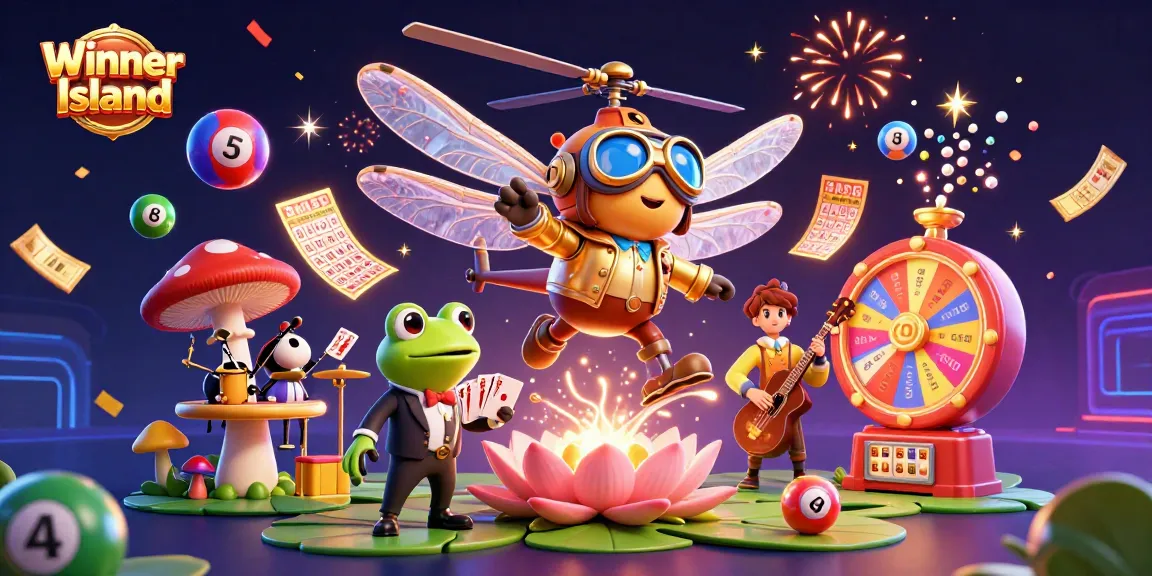 Experience the excitement of Winner Island with a lively casino scene featuring a dragonfly pilot, frog croupier, and more.